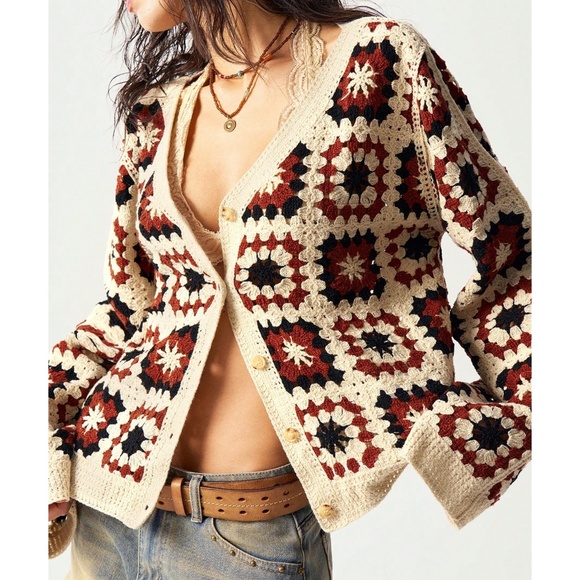 Cozy Crochet Patchwork Button Down Oversized Cardigan - Picture 1 of 7